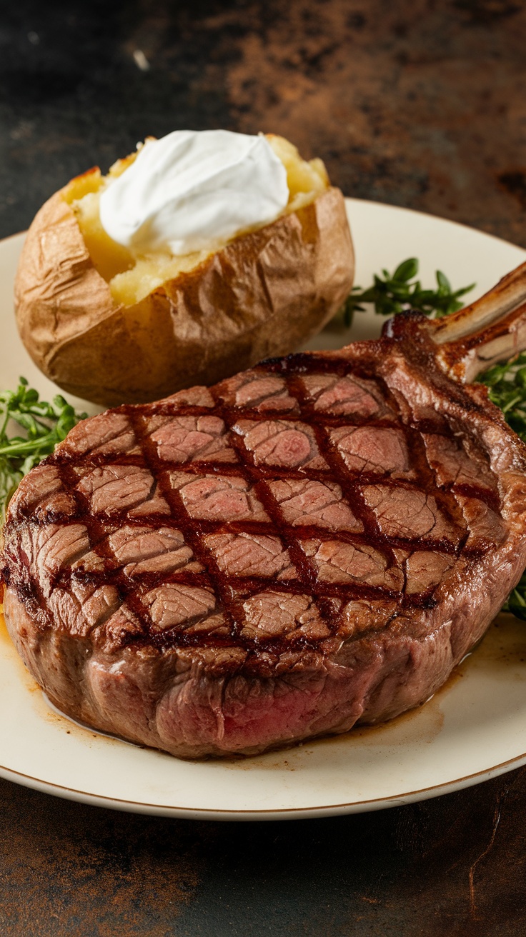 A perfectly cooked Delmonico steak with grill marks next to a baked potato