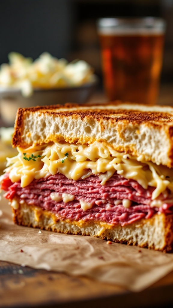 A close-up of a Reuben sandwich with layers of corned beef and cheese