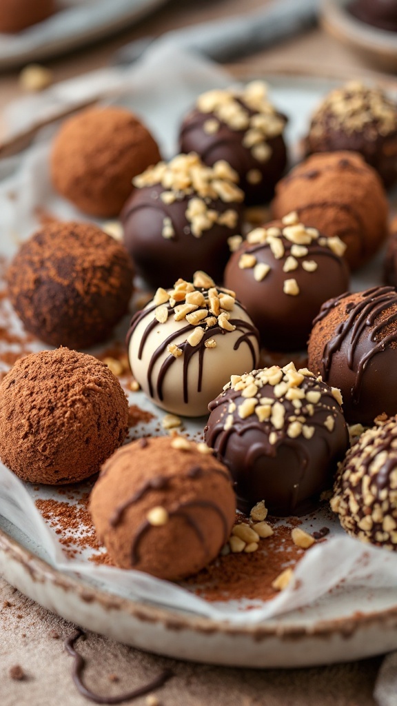 A close-up of various homemade chocolate truffles, showcasing different toppings and coatings.