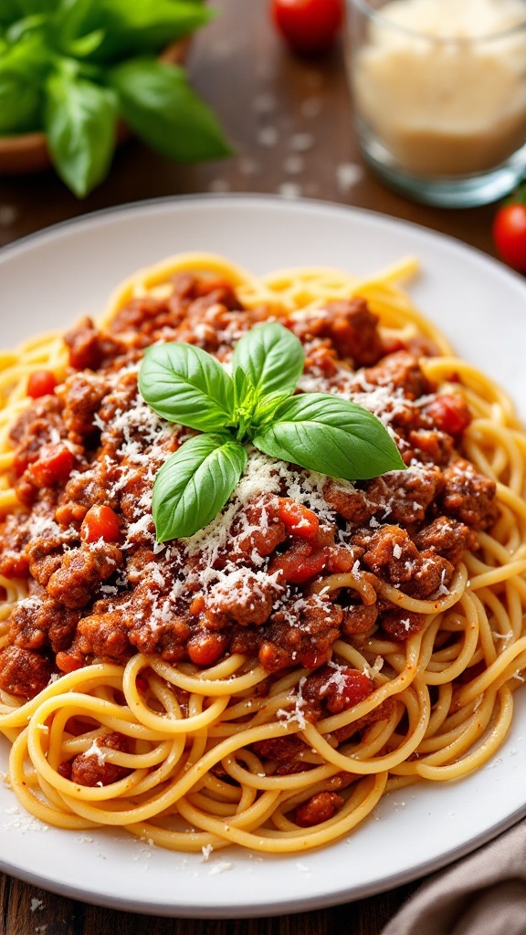 A delicious plate of pasta bolognese topped with fresh basil and grated cheese.