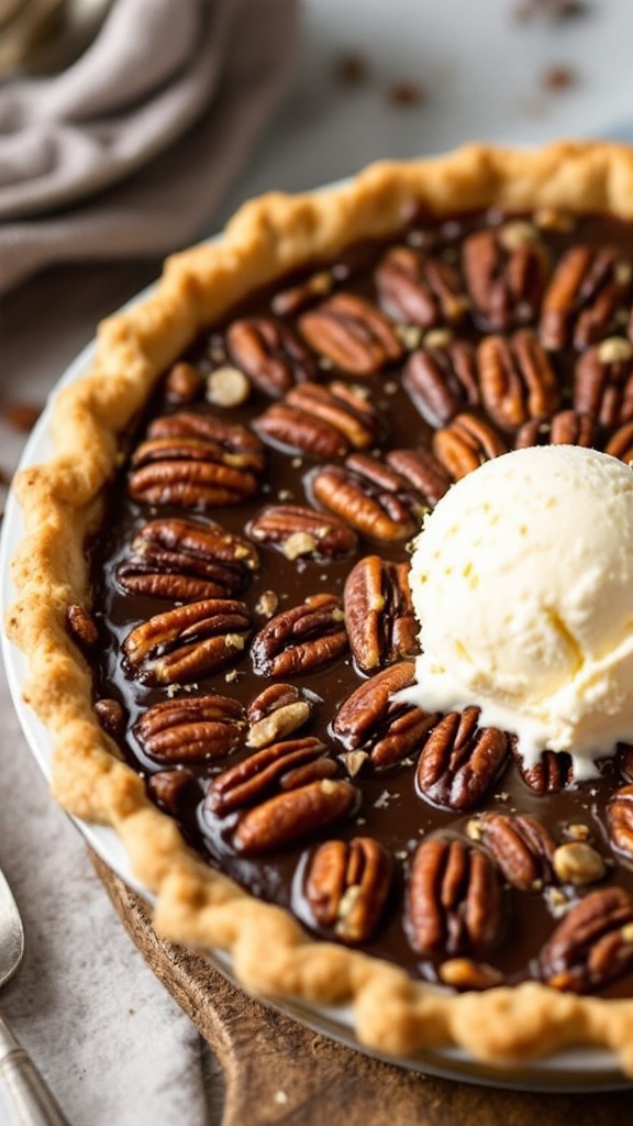 A delicious chocolate bourbon pecan pie topped with a scoop of ice cream.