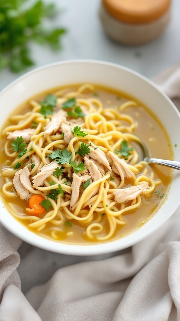 Bowl of rotisserie chicken noodle soup with noodles, chicken, and herbs