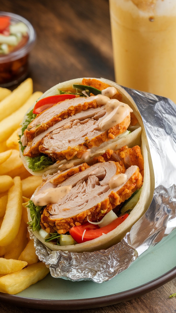 A close-up of a chicken shawarma wrap with fresh vegetables and sauce, alongside fries and a drink.