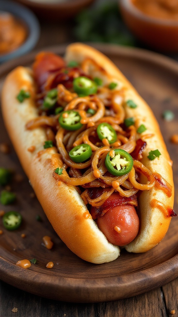 Delicious bacon-wrapped hot dog topped with jalapeños and spaghetti.