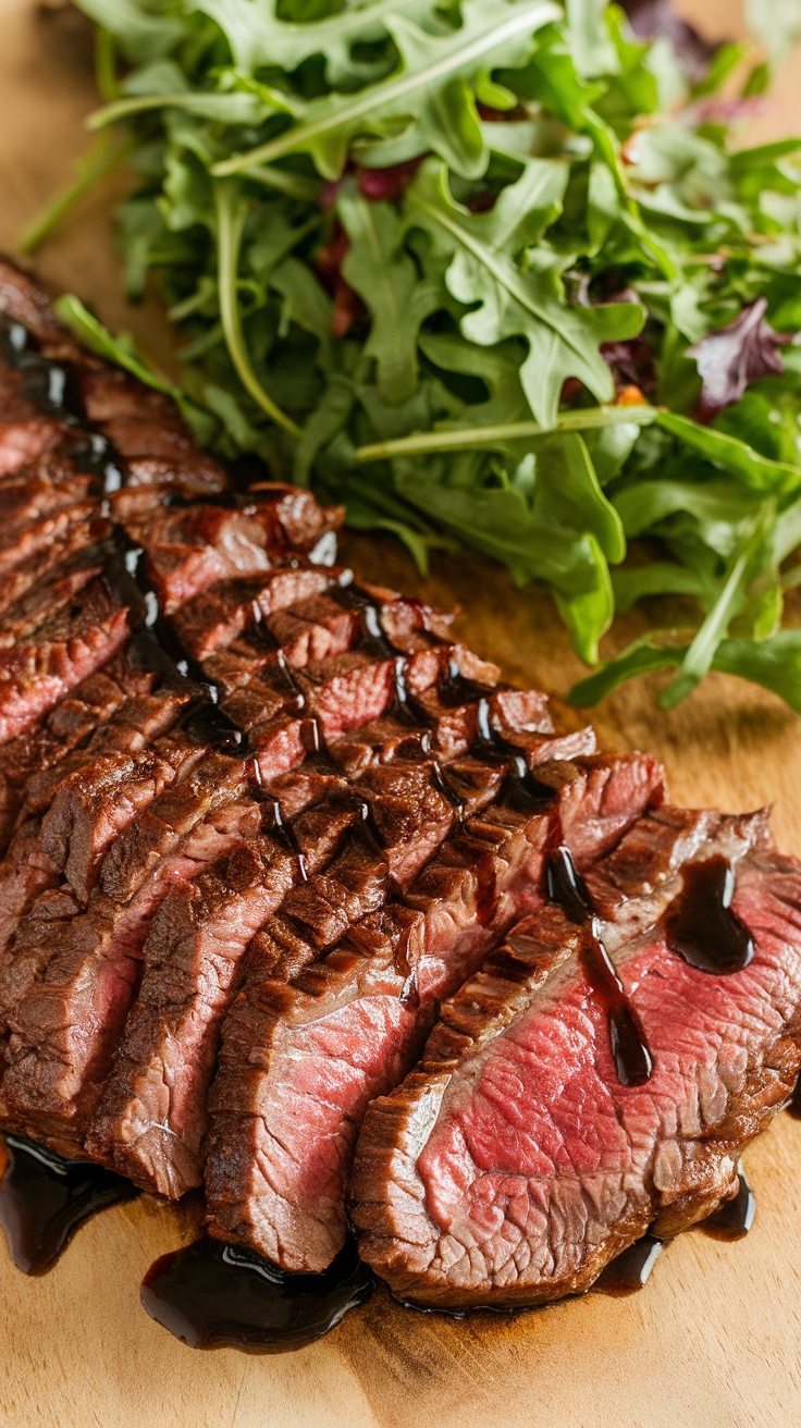 Sliced flank steak with a balsamic glaze and a side of greens.