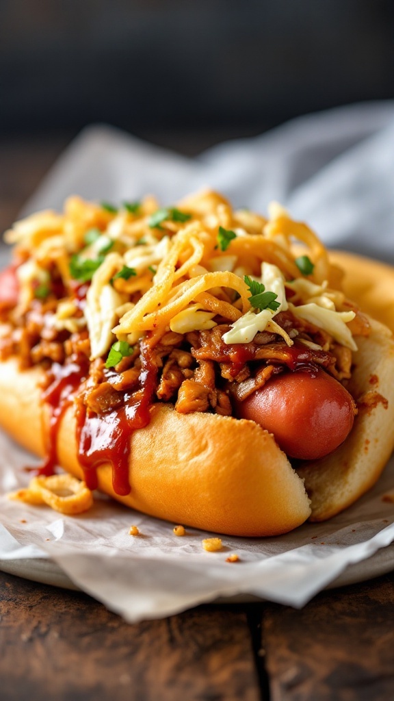 Delicious BBQ pulled pork hot dog topped with cheese and garnished with herbs