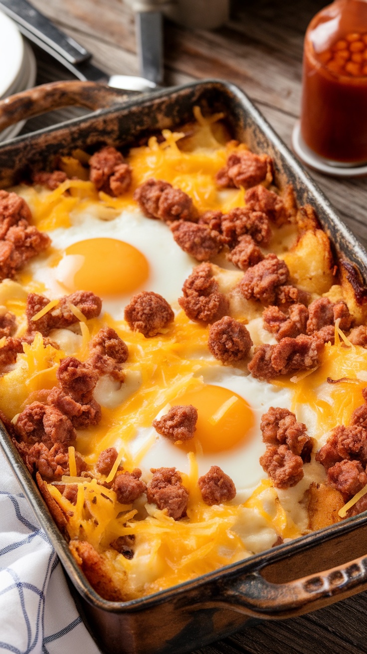 A close-up of a savory breakfast casserole featuring crispy hashbrowns, cheese, and eggs.