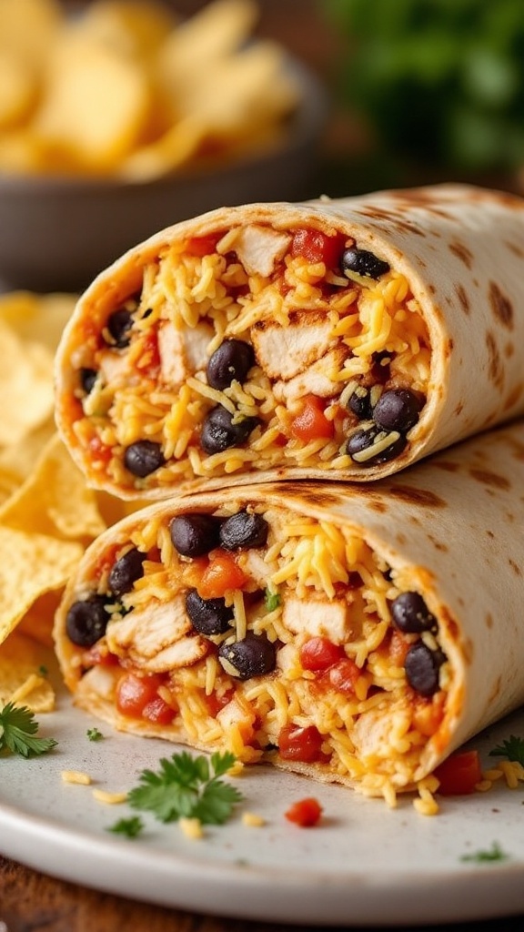 Savory grilled chicken burrito with rice and black beans