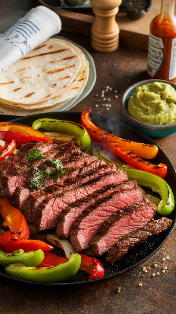 A plate of grilled skirt steak fajitas with colorful peppers and tortillas.