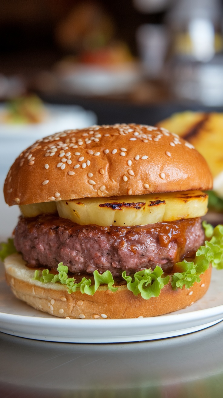 A close-up of a teriyaki burger with a sesame seed bun, grilled pineapple, and lettuce.