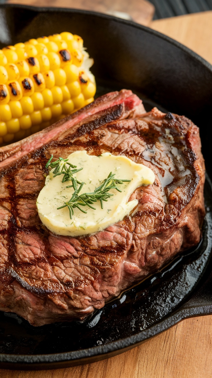 A perfectly cooked ribeye steak topped with garlic herb butter, served with grilled corn on the side.