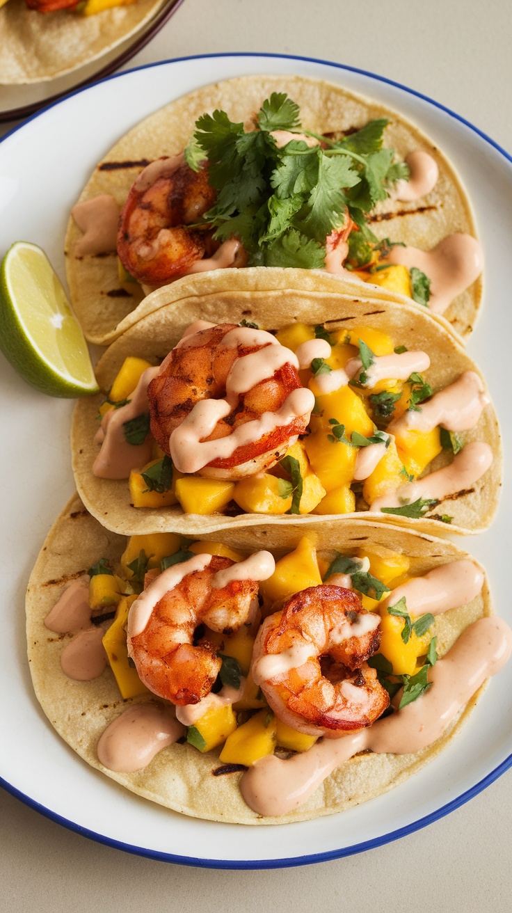 Delicious shrimp tacos topped with mango and sauce.