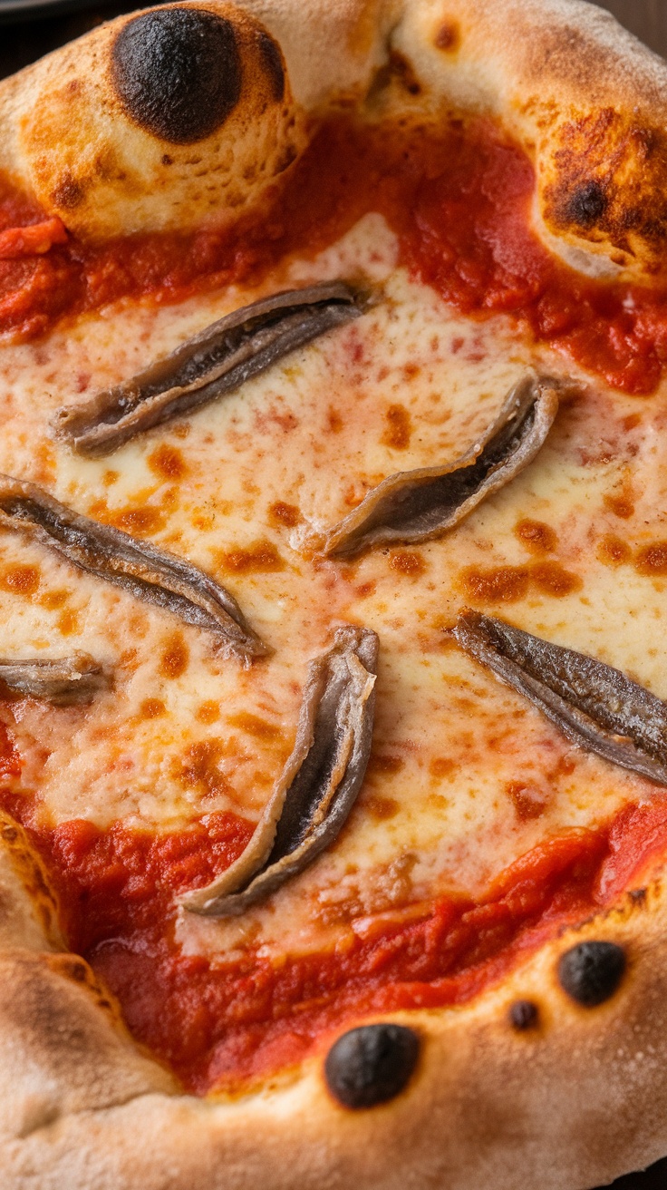 Close-up of Sicilian square pizza with anchovies and cheese