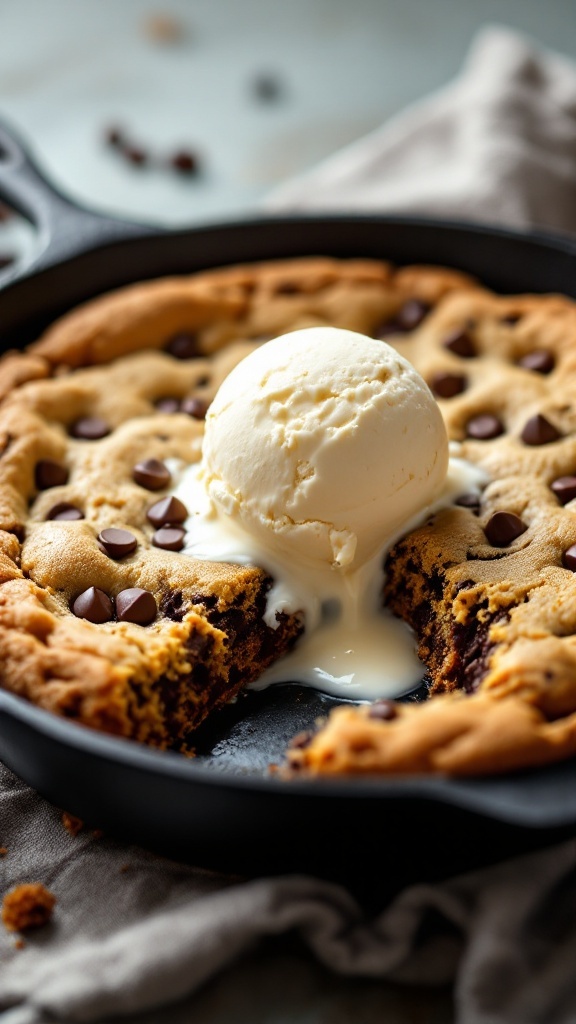 Close-up of a skillet-baked chocolate chip cookie topped with vanilla ice cream.