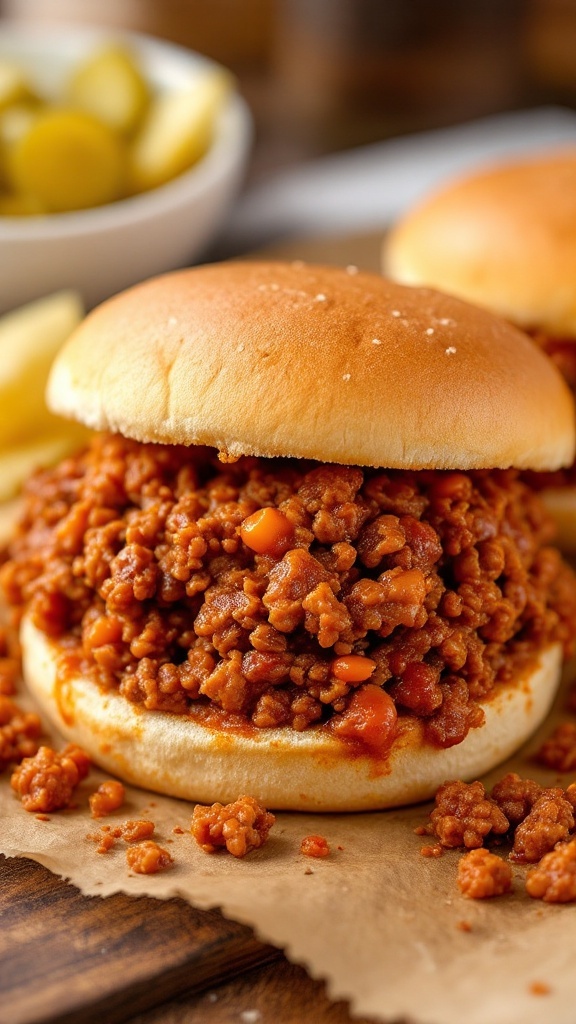 A close-up of a Sloppy Joe sandwich with ground meat spilling out, placed on a wooden cutting board.