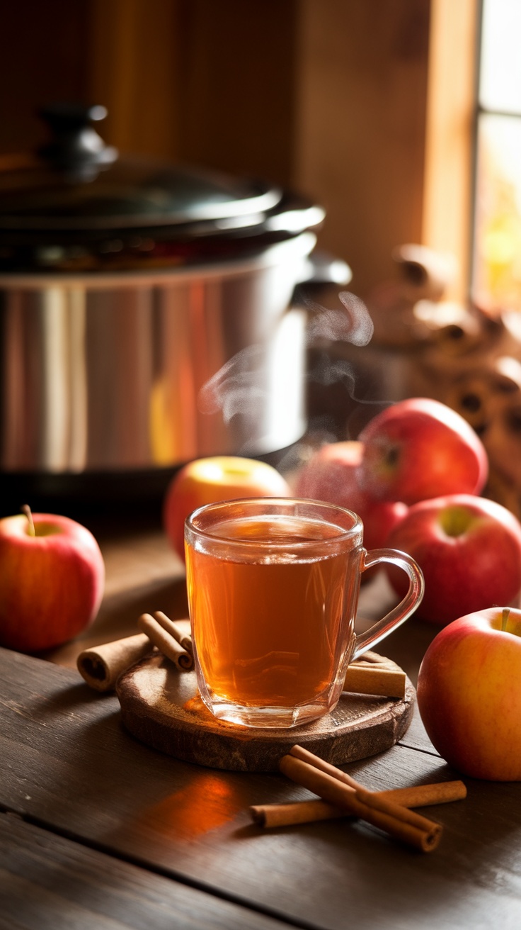 A warm cup of apple cider beside fresh apples and cinnamon sticks, with a slow cooker in the background.