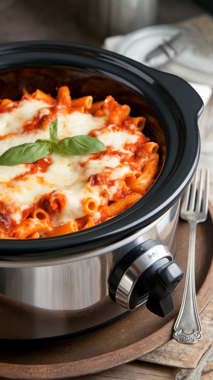 Slow Cooker Baked Ziti with cheese and basil in a black slow cooker.