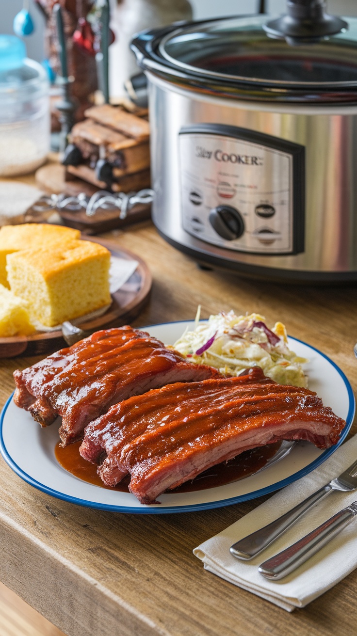 A plate of barbecue ribs served with cornbread and coleslaw next to a slow cooker.