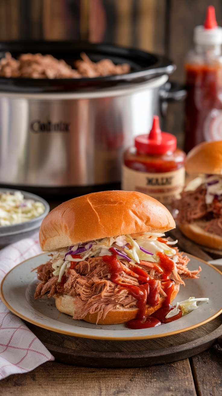 A plate of BBQ pulled pork sandwiches with coleslaw and sauce