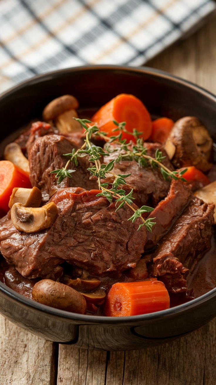 A delicious bowl of slow cooker beef bourguignon with carrots and mushrooms.