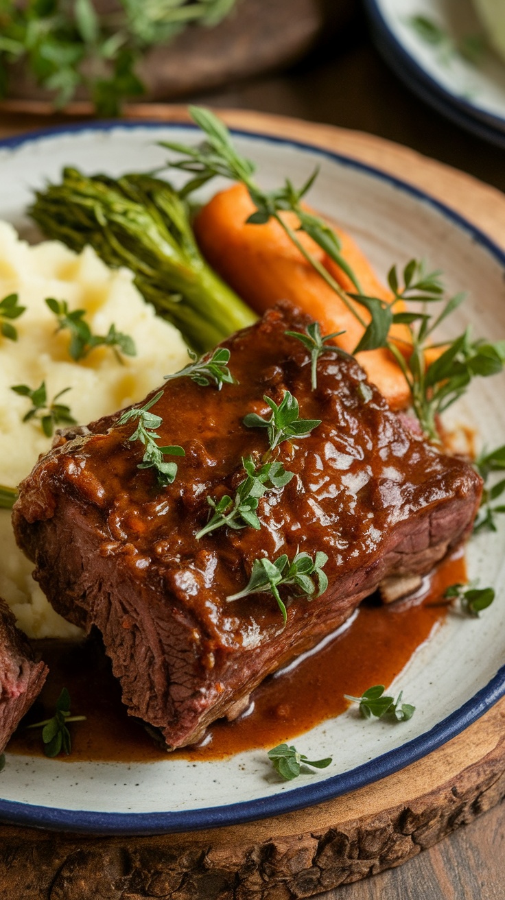 Delicious slow cooker beef short ribs with herbs and sides on a plate.