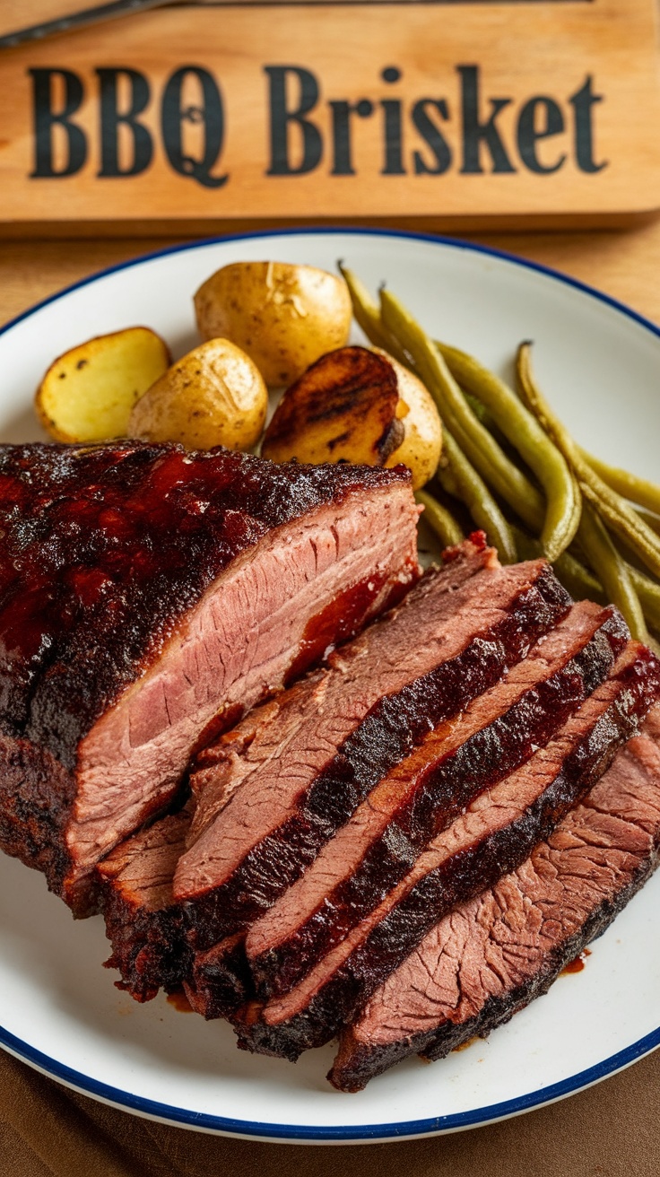 A beautifully cooked BBQ brisket served with potatoes and green beans on a plate.