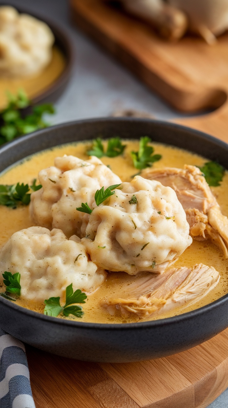 A bowl of slow cooker chicken and dumplings featuring fluffy dumplings and tender chicken in a creamy broth.