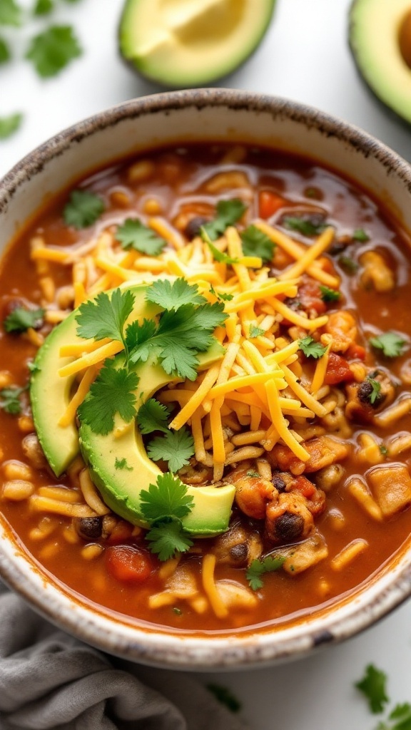 A bowl of chicken enchilada soup topped with cheese and avocado slices