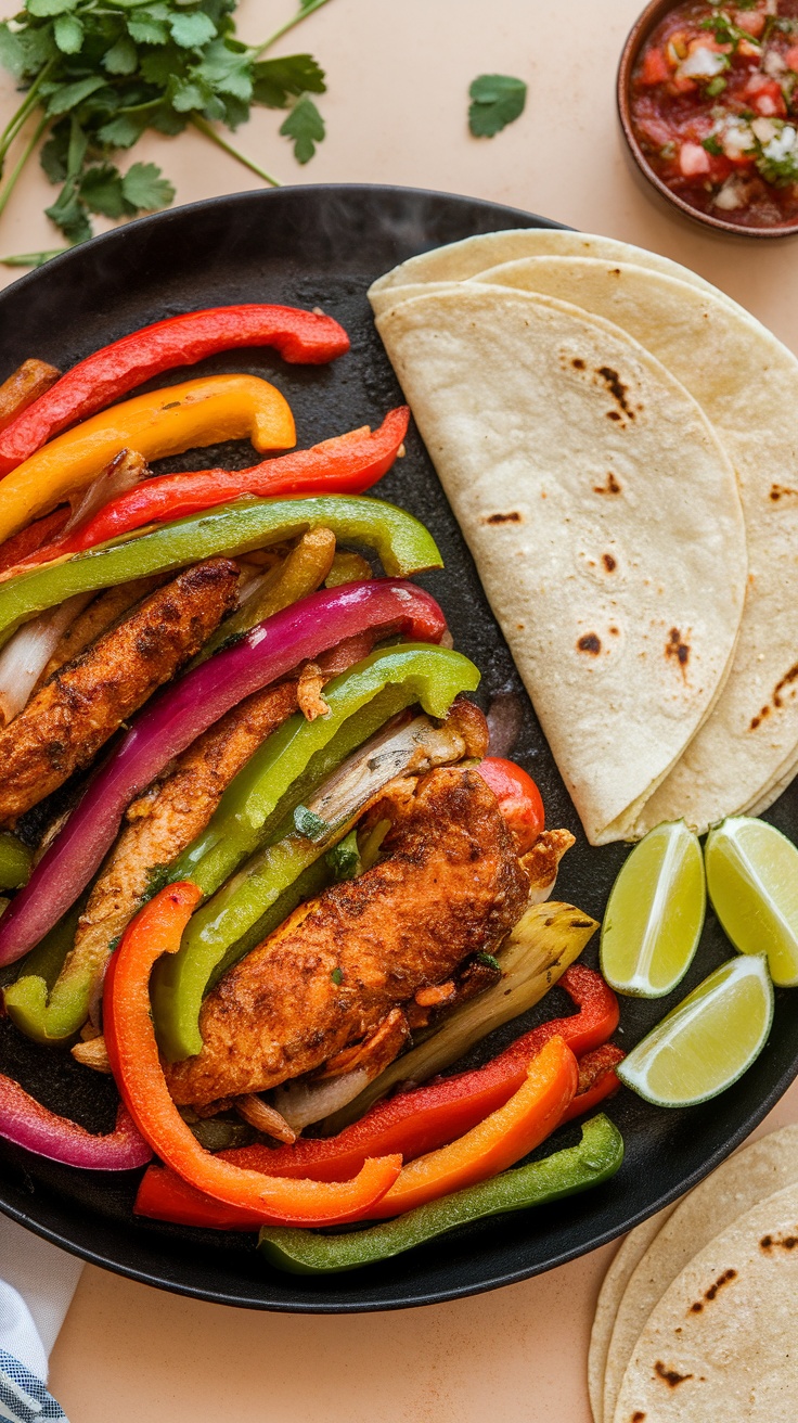 A plate of colorful chicken fajitas with pita bread and lime slices.