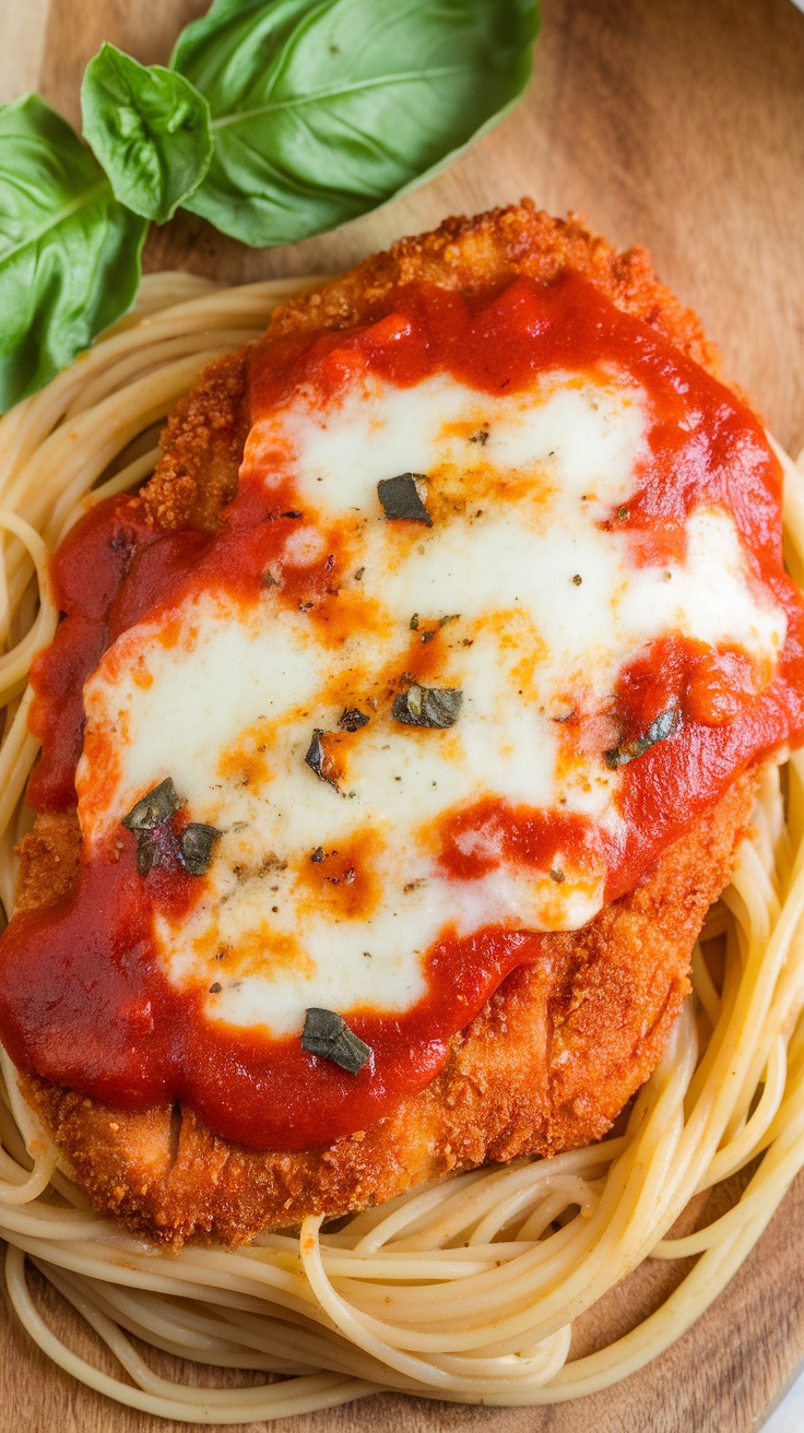 Delicious chicken parmesan served over pasta with basil garnish