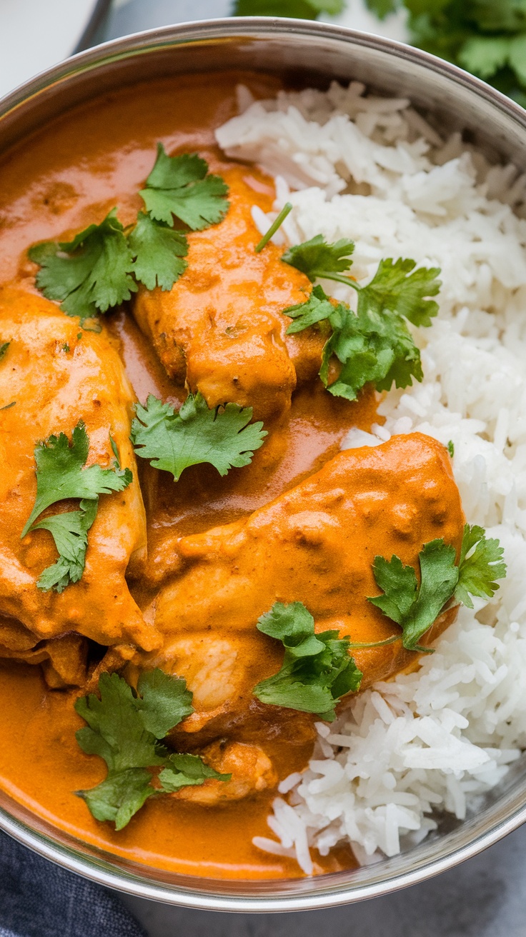 A bowl of Chicken Tikka Masala with rice and cilantro