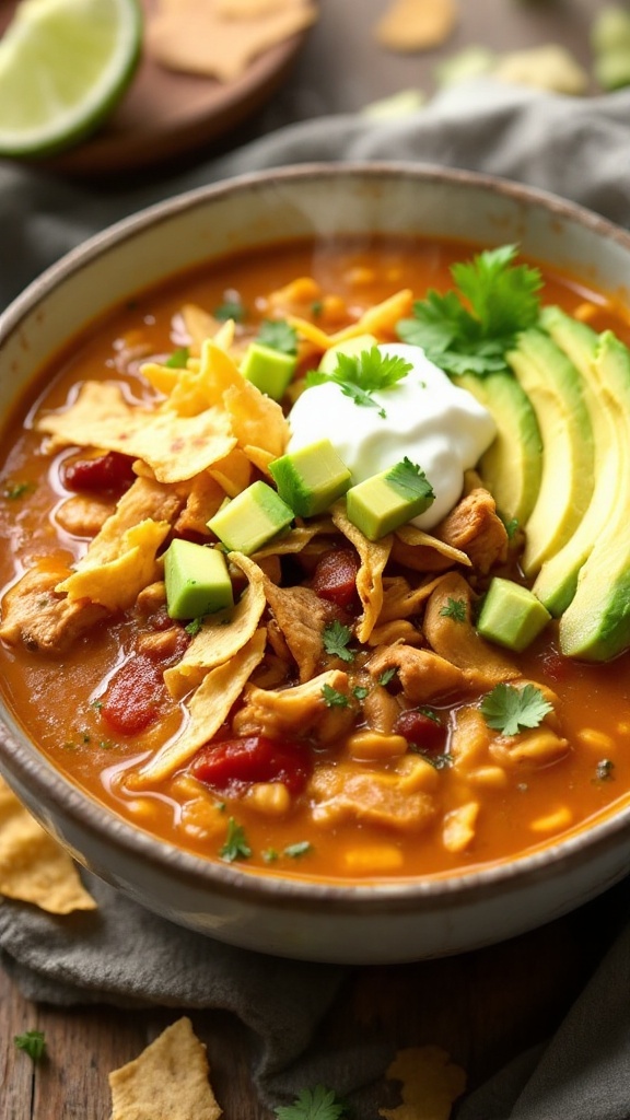 Bowl of Slow Cooker Chicken Tortilla Soup garnished with avocado, cilantro, and tortilla strips.