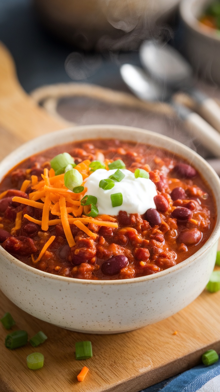 A bowl of steaming slow cooker chili topped with green onions and cheese