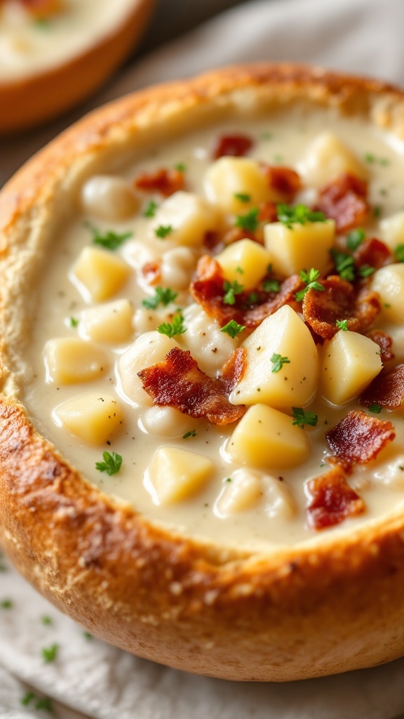 A delicious bowl of clam chowder topped with bacon and parsley, served in a bread bowl.