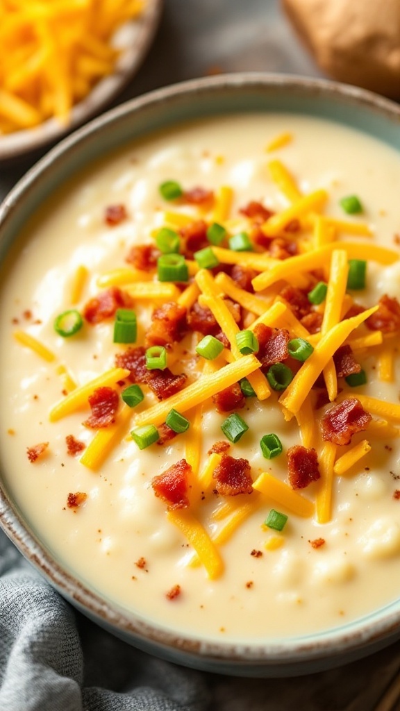 Bowl of creamy potato soup topped with cheese, bacon, and green onions.