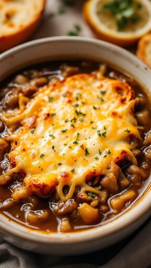 A bowl of French onion soup topped with melted cheese and herbs