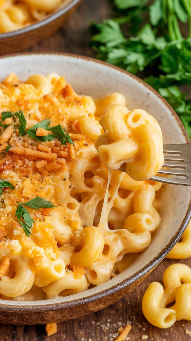 Delicious slow cooker mac and cheese with cheese pull and parsley garnish.