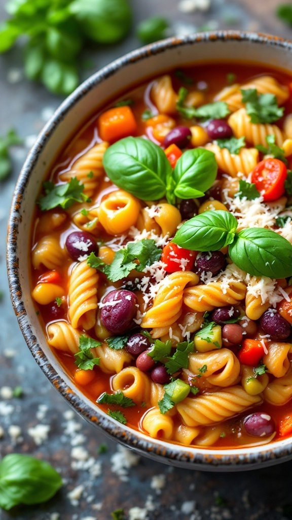 Bowl of colorful minestrone soup with pasta, beans, and fresh basil