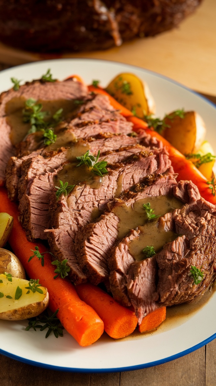 A plated slow cooker pot roast with carrots and potatoes drizzled with gravy.