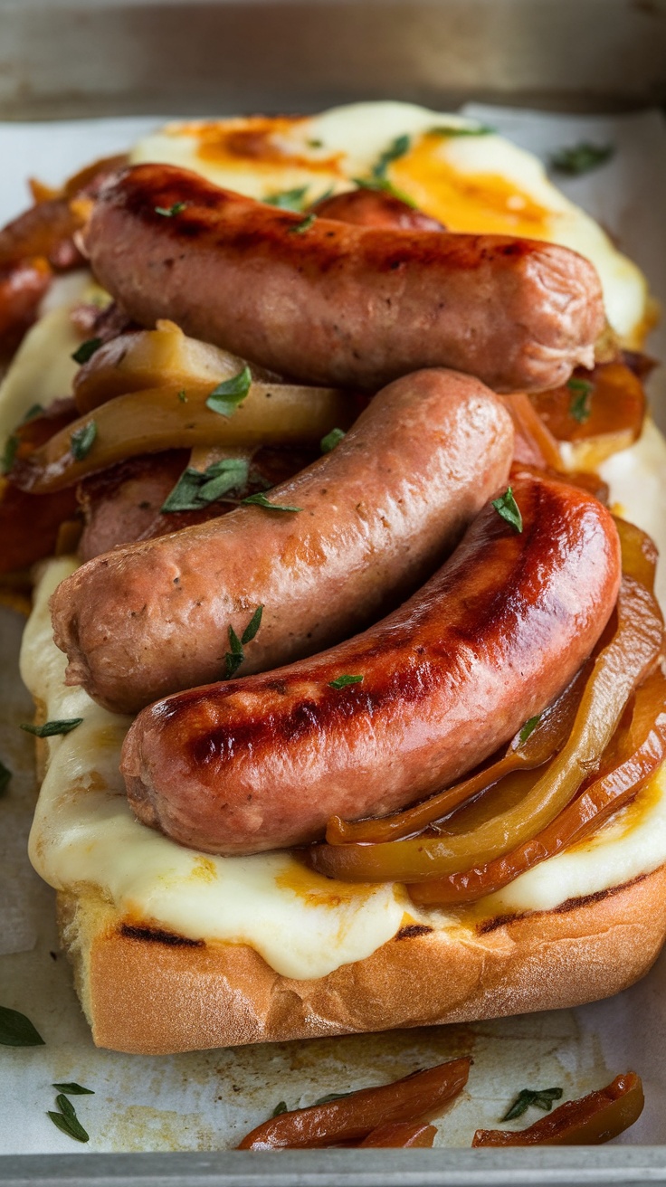 A close-up of sausage and peppers on a toasted bun, topped with melted cheese.