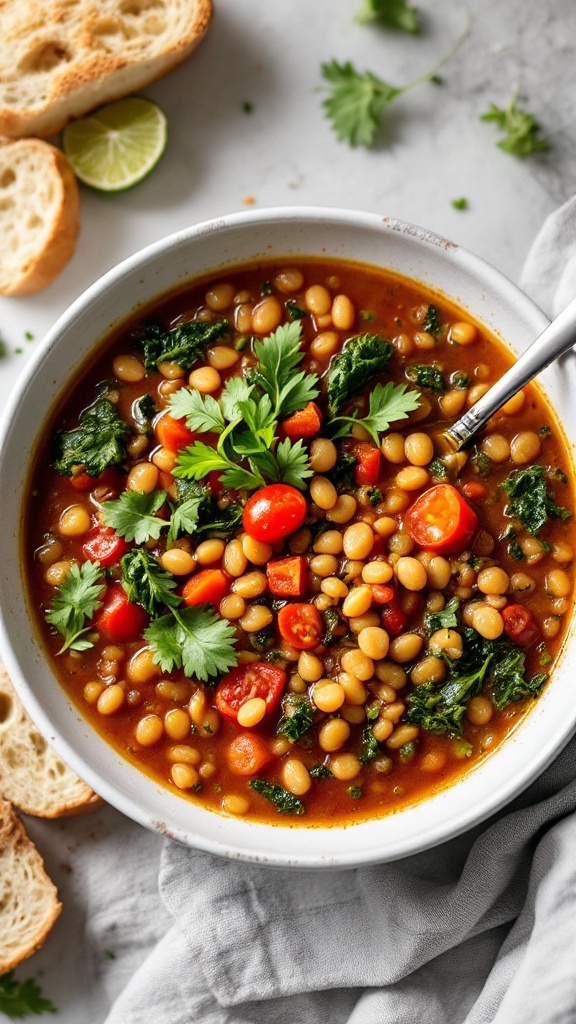 Bowl of vegetable lentil soup with fresh herbs, tomatoes, and kale, served with bread on the side.