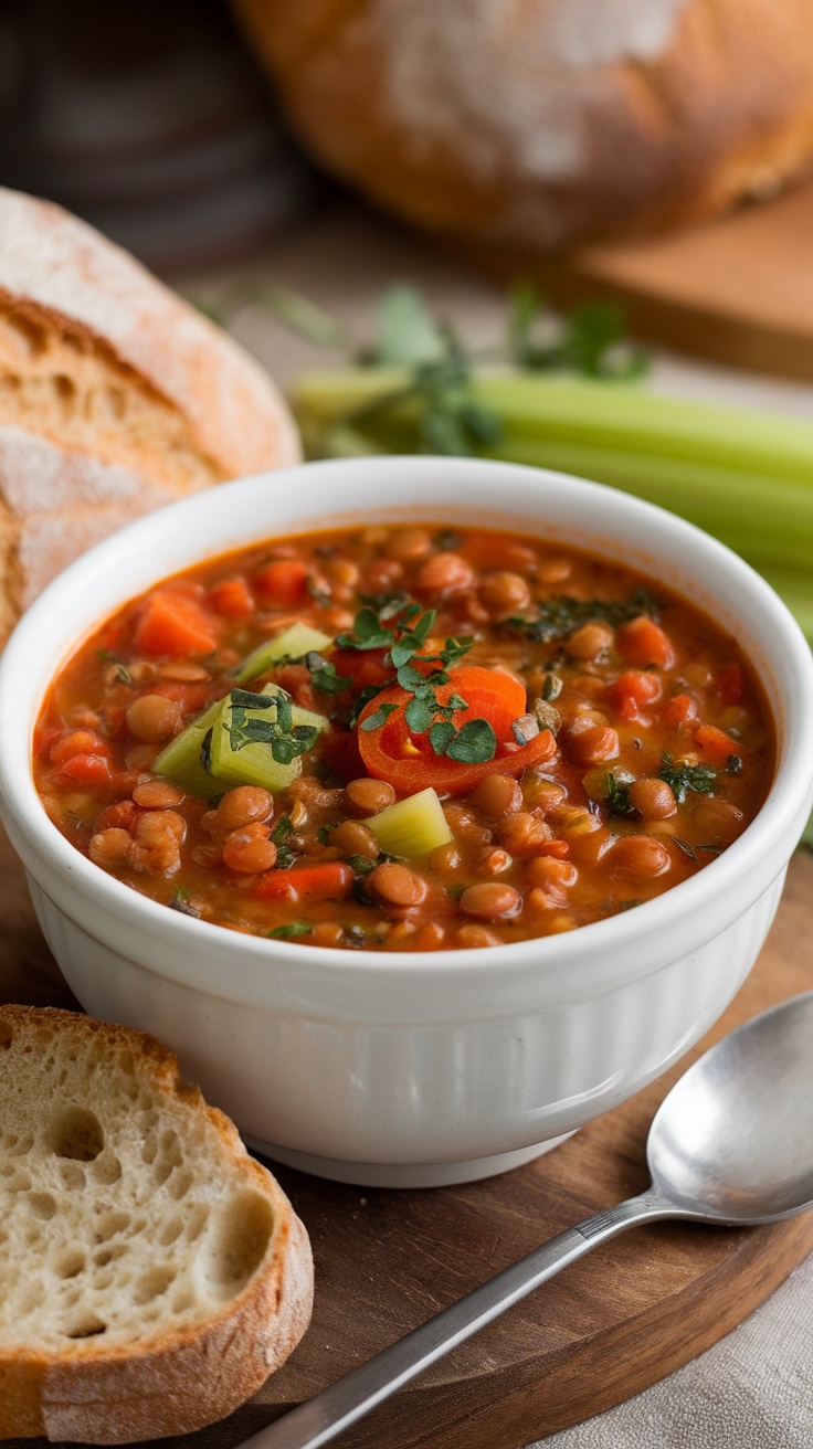 A bowl of vegetable lentil soup with sliced bread on the side.