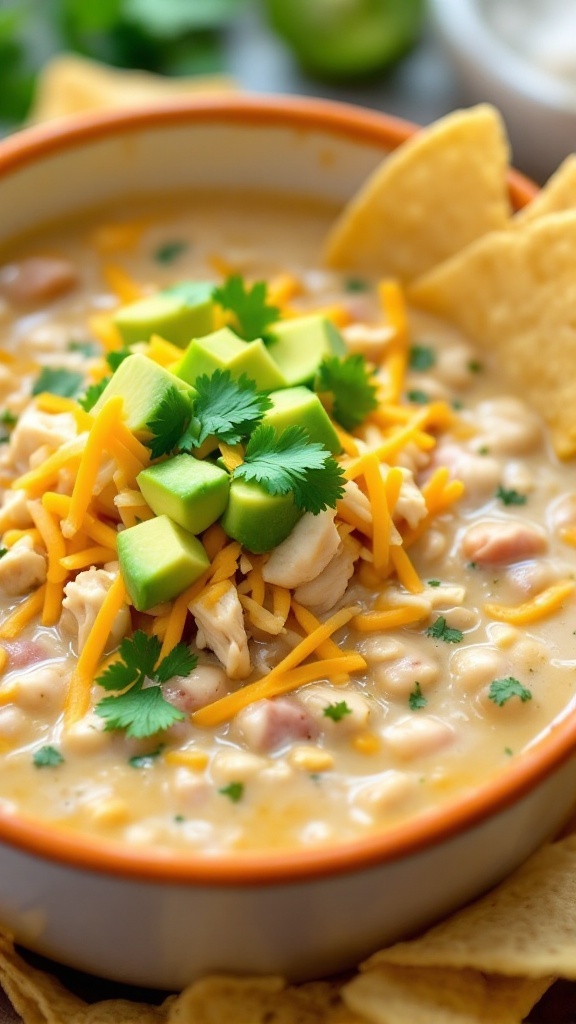 A warm bowl of slow cooker white chicken chili topped with cheese, avocado, and cilantro.