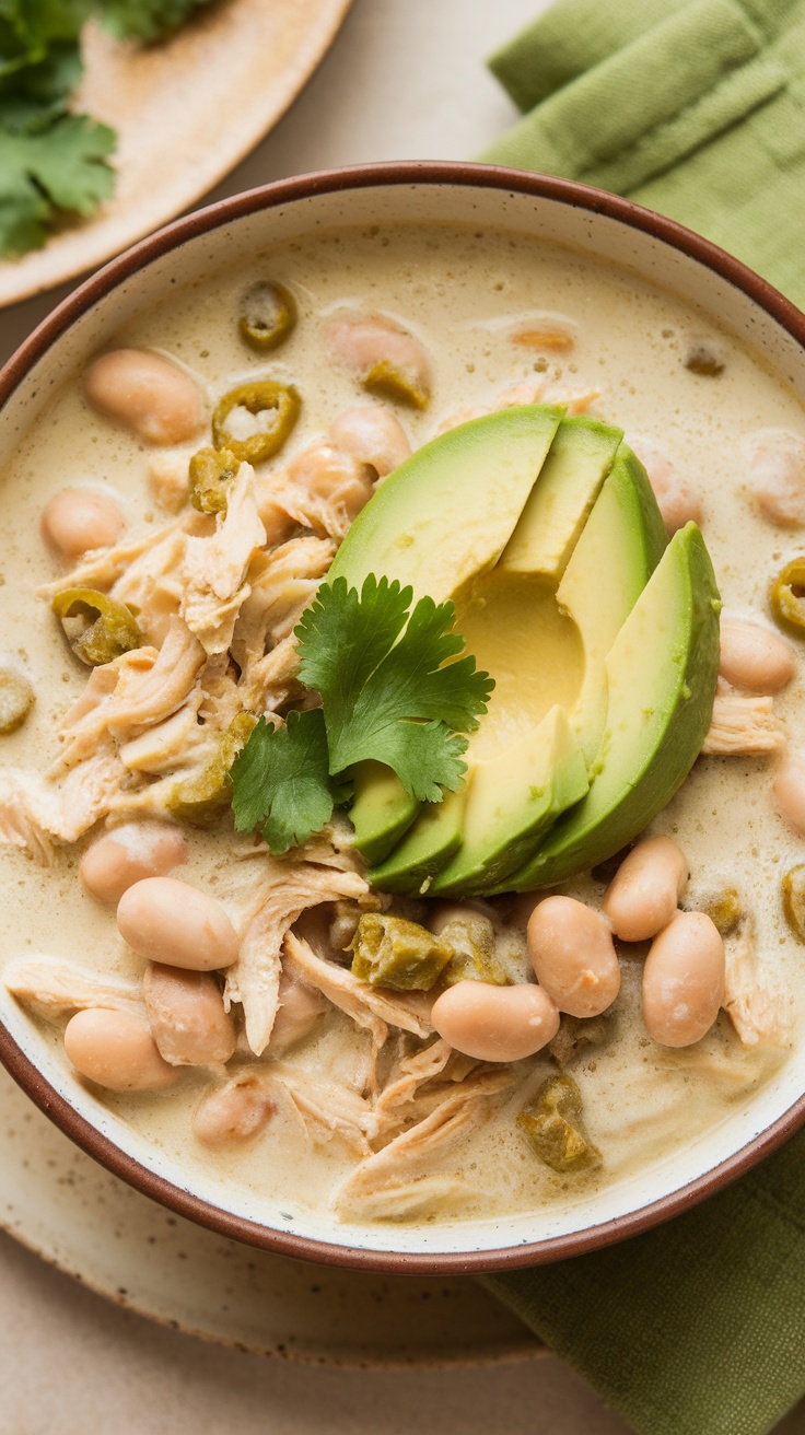 A bowl of creamy white chicken chili topped with avocado and cilantro.