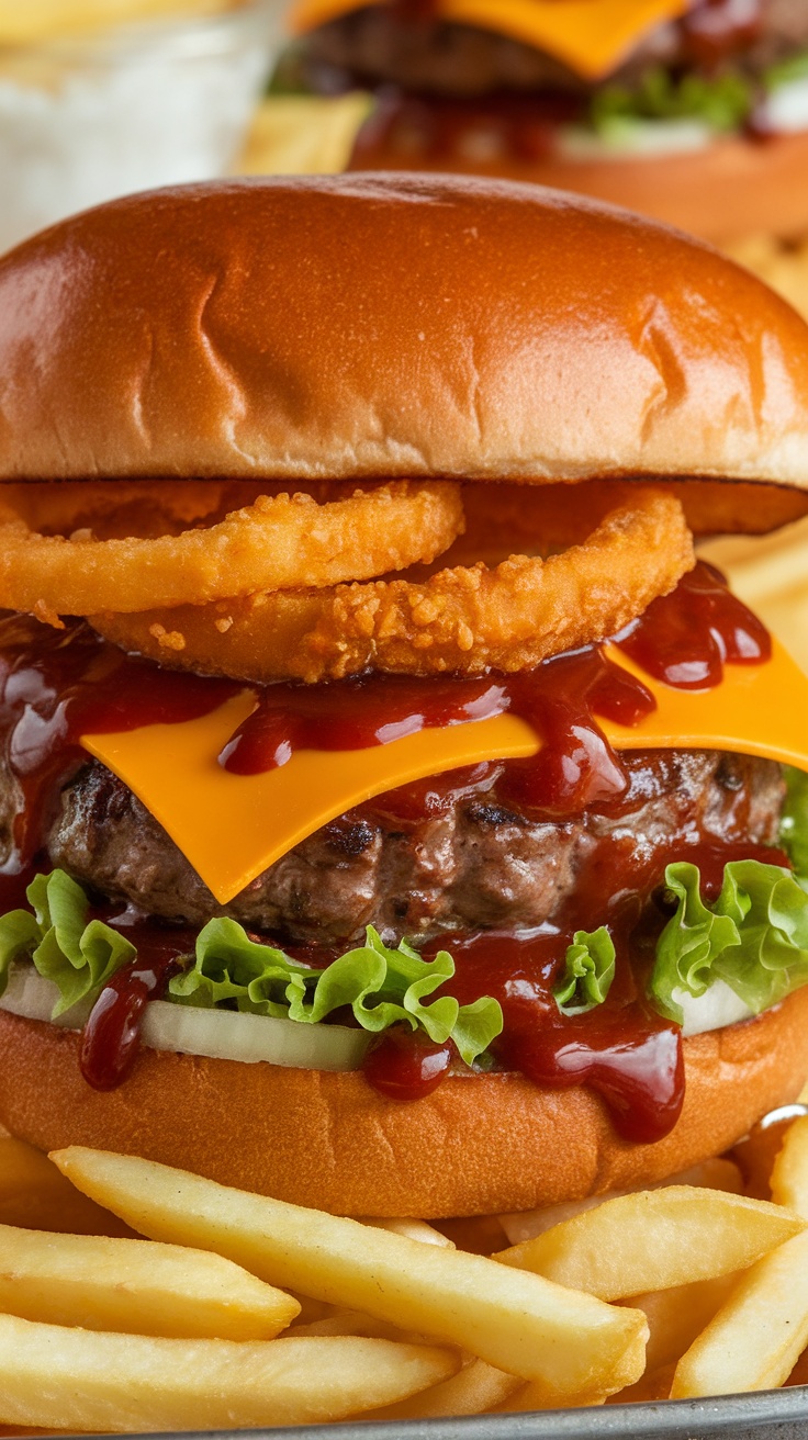 A delicious Smoky BBQ Burger with onion rings and fries.