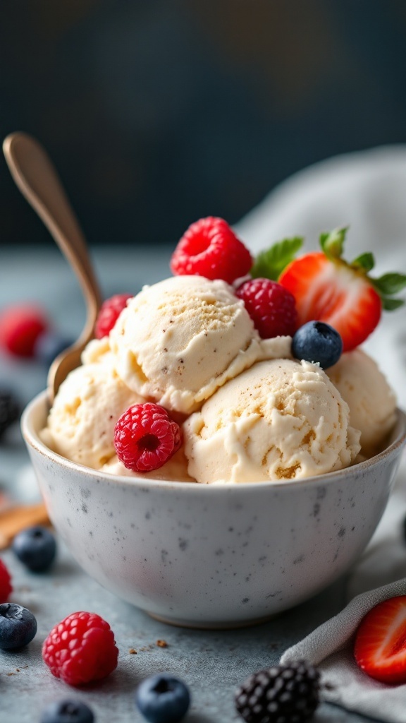 A bowl of smooth and creamy homemade vanilla ice cream topped with fresh berries.