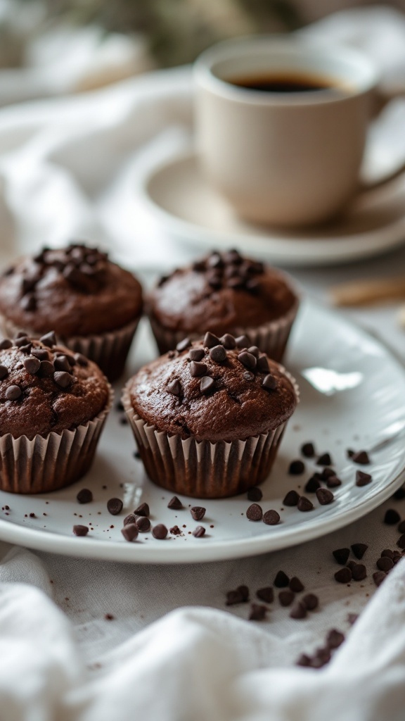 Soft and moist chocolate muffins on a white plate with chocolate chips, accompanied by a cup of coffee