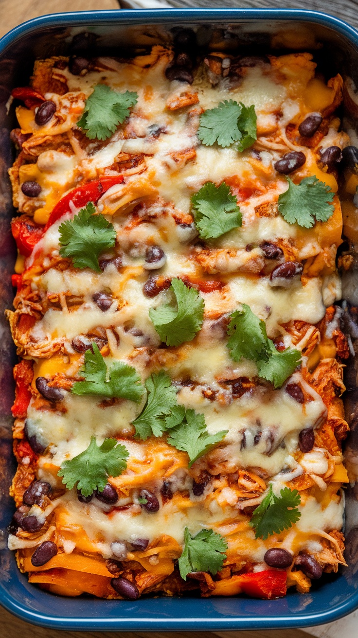 A delicious Southwest Chicken Casserole topped with cheese and cilantro.