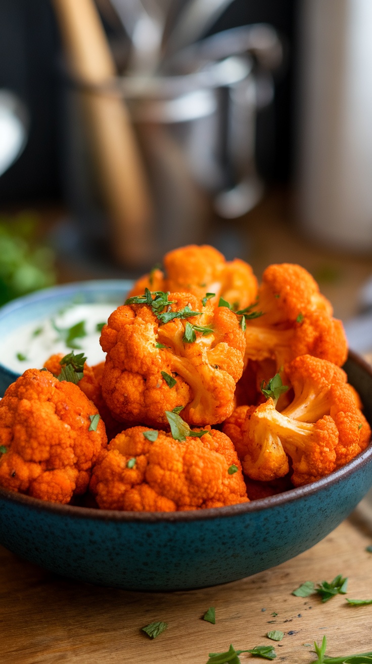 A bowl of vibrant orange buffalo cauliflower garnished with fresh herbs.