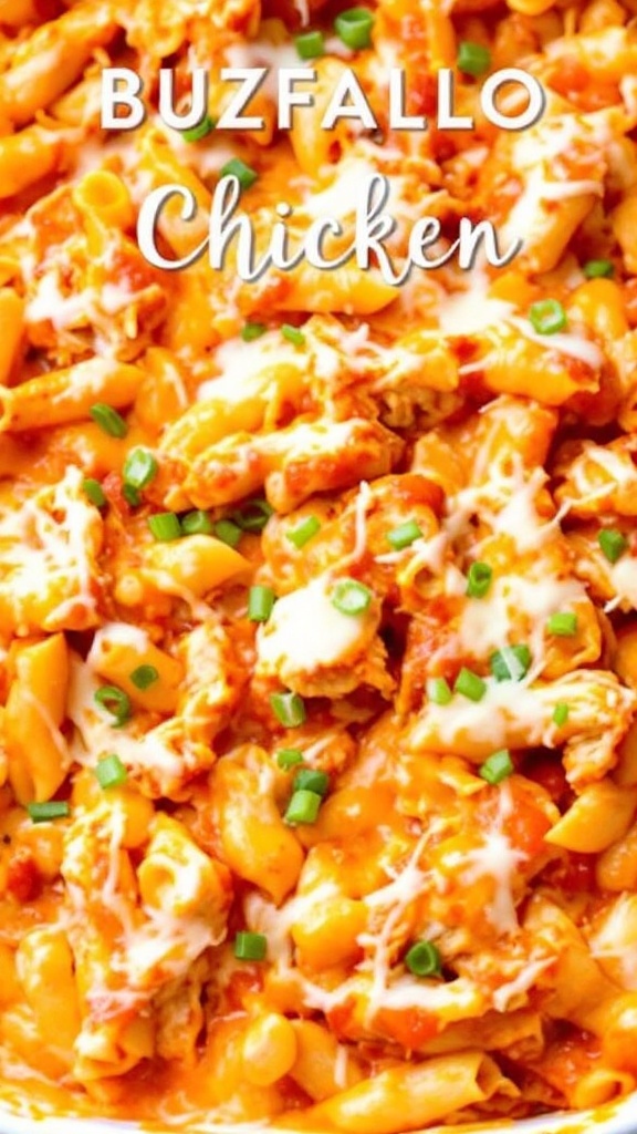 Spicy Buffalo Chicken Pasta Bake with cheese and green onions